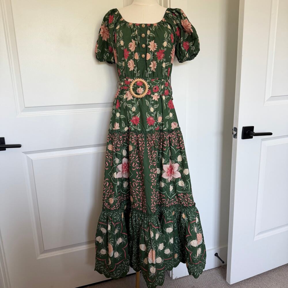Farm Rio (M) Garden Green Floral Square Neck Puff Sleeve Maxi Dress Resort - Picture 2 of 10